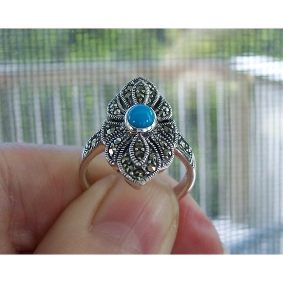 925 STERLING SILVER Simulated Turquoise Marcasite Ring - Picture 7 of 15